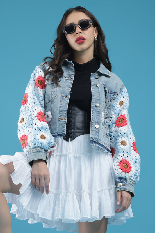 The Blooming Blue – Women’s Regular Fit Cropped Denim Jacket with Handmade Crochet Sleeves & Floral Accents | The Not-So-Basic Denim Edit