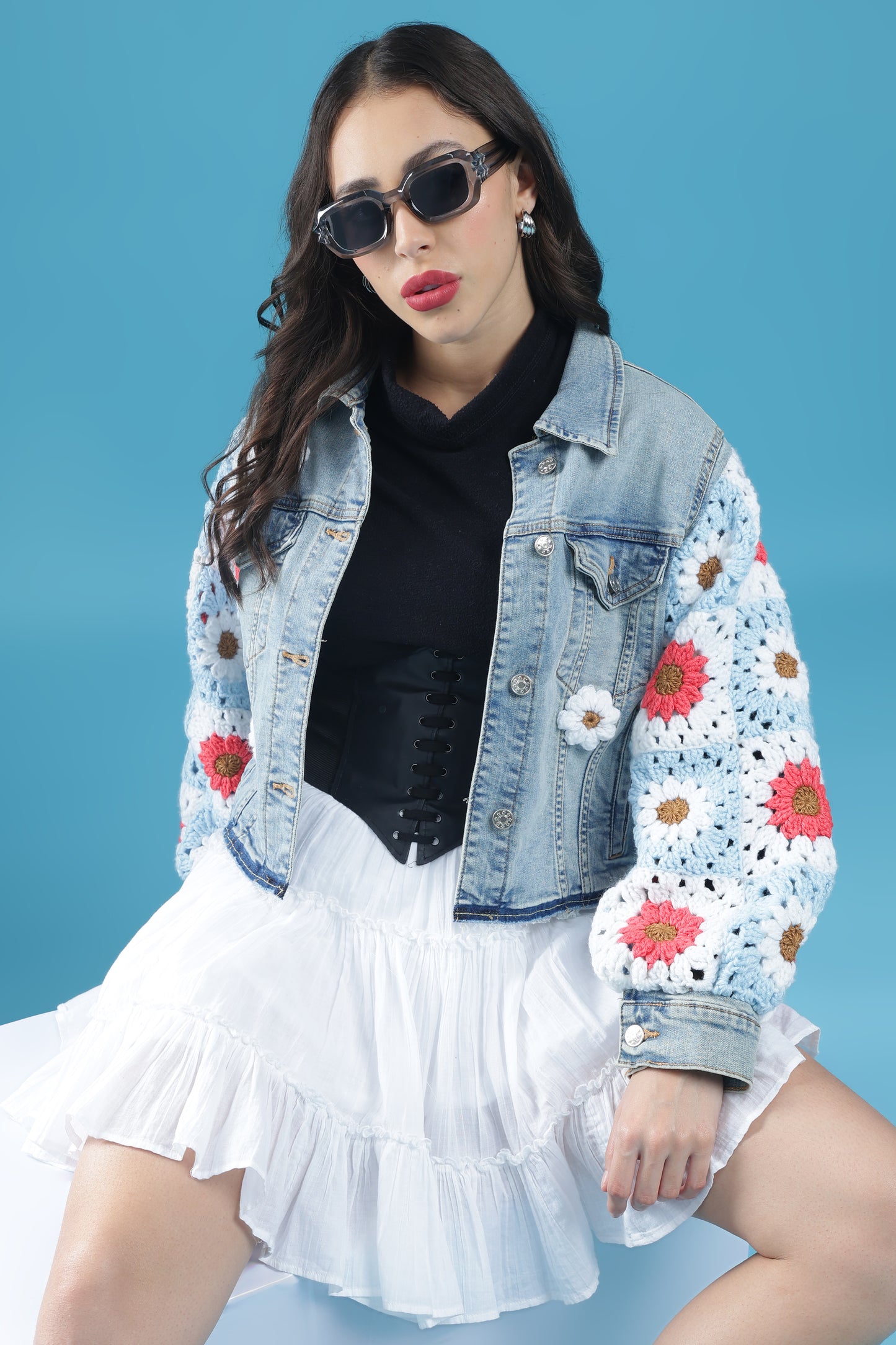 The Blooming Blue – Women’s Regular Fit Cropped Denim Jacket with Handmade Crochet Sleeves & Floral Accents | The Not-So-Basic Denim Edit