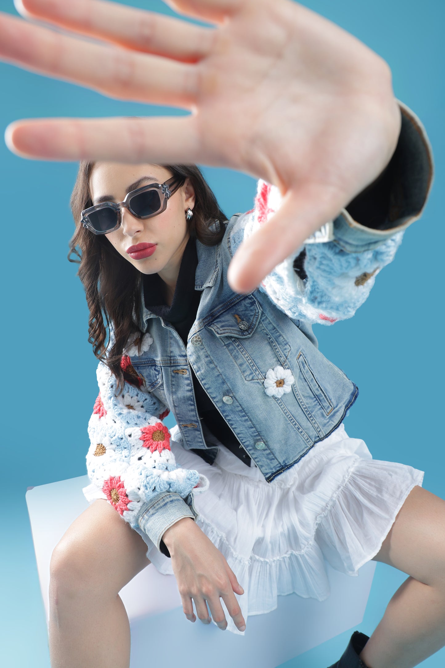 The Blooming Blue – Women’s Regular Fit Cropped Denim Jacket with Handmade Crochet Sleeves & Floral Accents | The Not-So-Basic Denim Edit