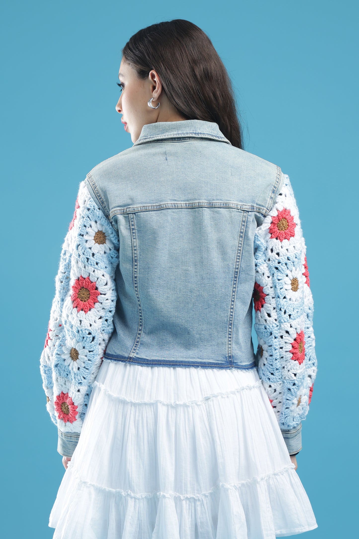 The Blooming Blue – Women’s Regular Fit Cropped Denim Jacket with Handmade Crochet Sleeves & Floral Accents | The Not-So-Basic Denim Edit