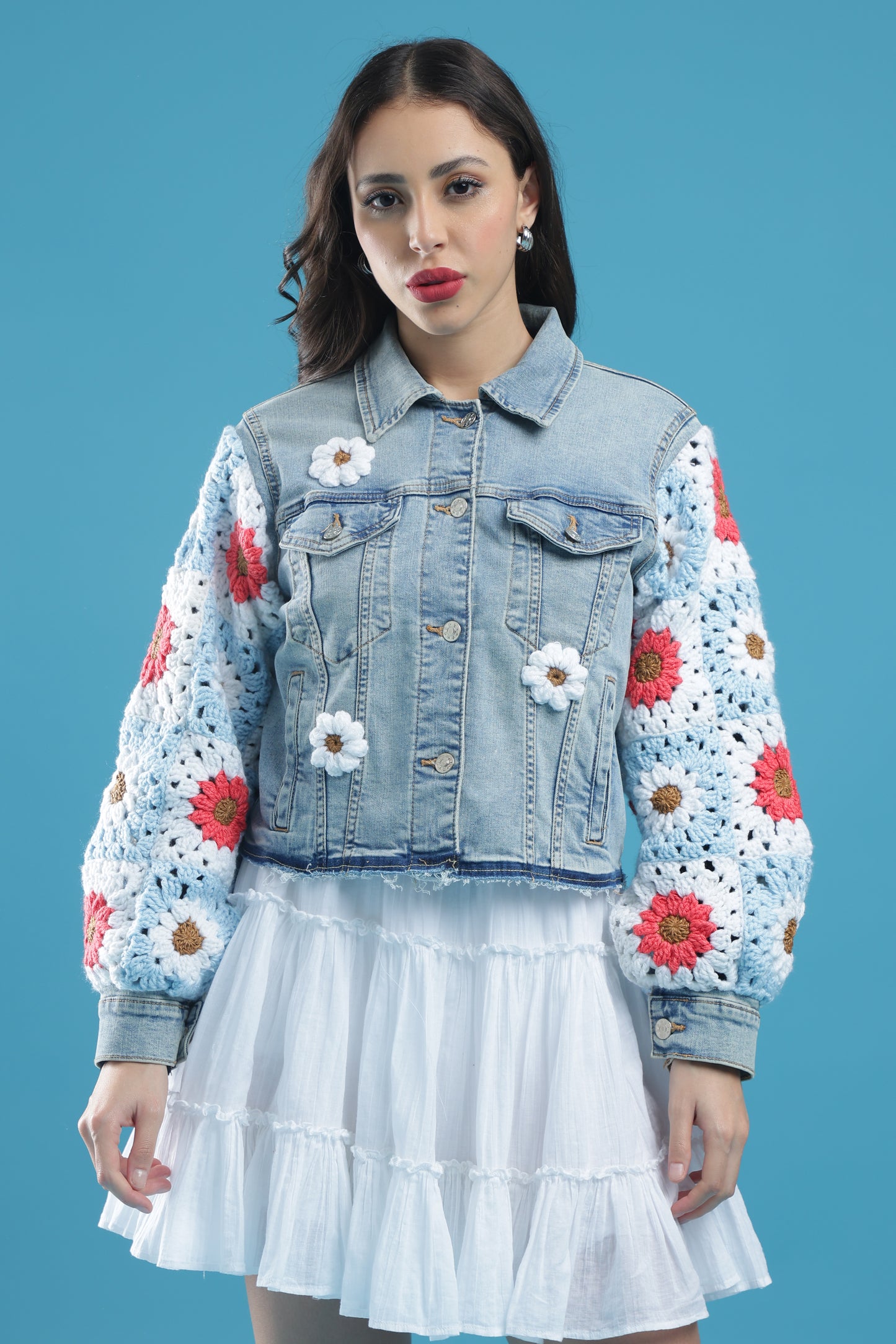 The Blooming Blue – Women’s Regular Fit Cropped Denim Jacket with Handmade Crochet Sleeves & Floral Accents | The Not-So-Basic Denim Edit