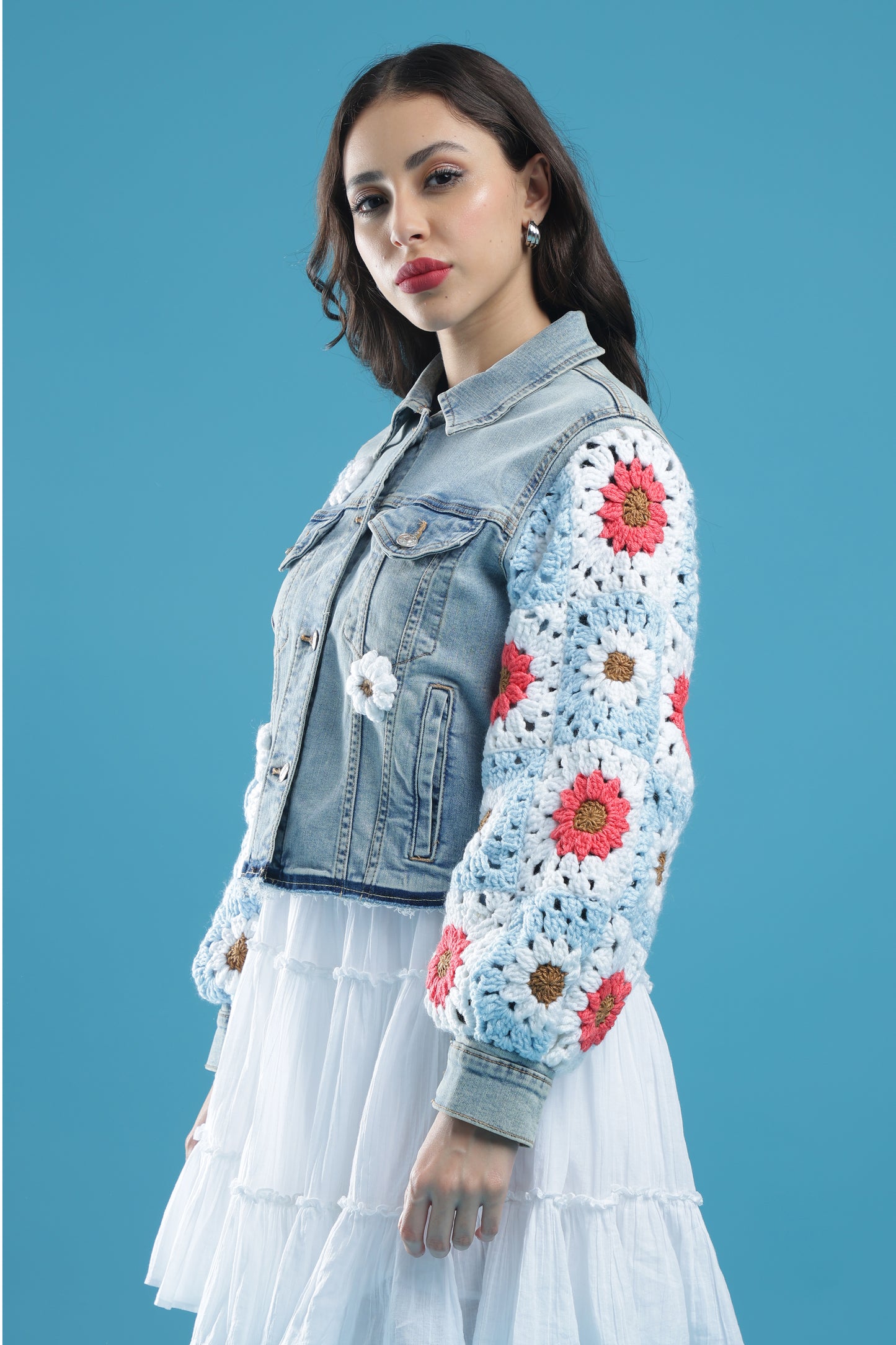 The Blooming Blue – Women’s Regular Fit Cropped Denim Jacket with Handmade Crochet Sleeves & Floral Accents | The Not-So-Basic Denim Edit