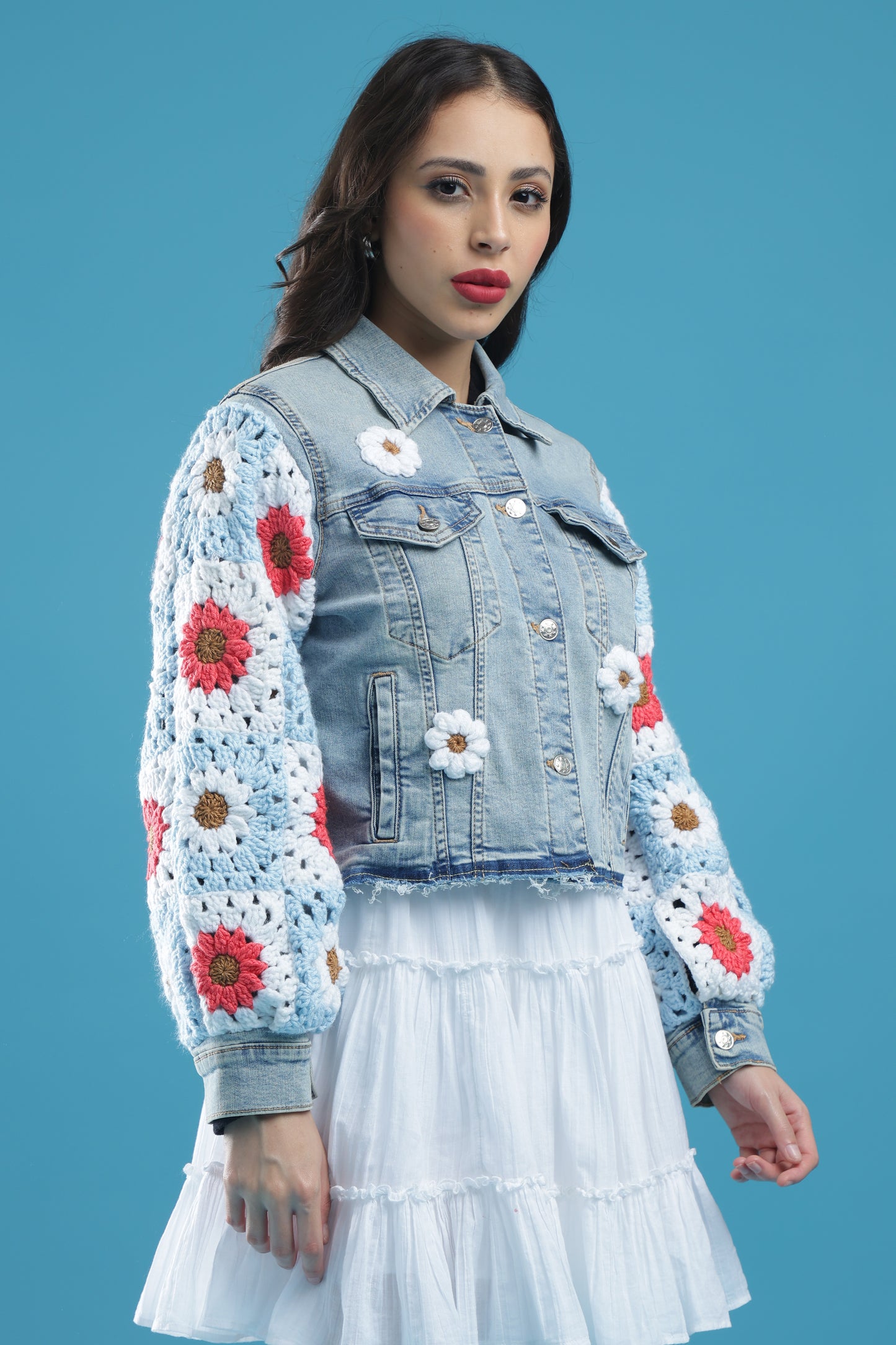 The Blooming Blue – Women’s Regular Fit Cropped Denim Jacket with Handmade Crochet Sleeves & Floral Accents | The Not-So-Basic Denim Edit