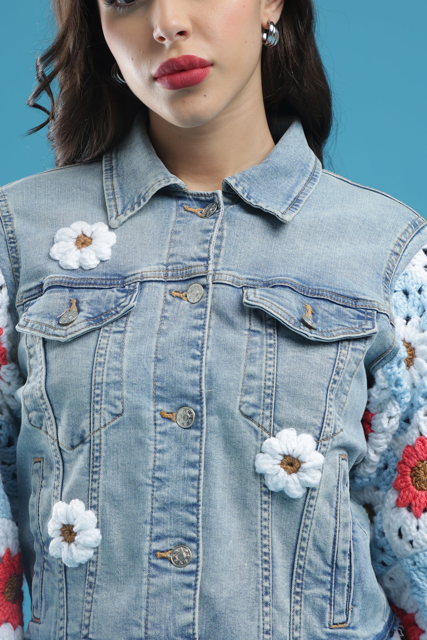 The Blooming Blue – Women’s Regular Fit Cropped Denim Jacket with Handmade Crochet Sleeves & Floral Accents | The Not-So-Basic Denim Edit