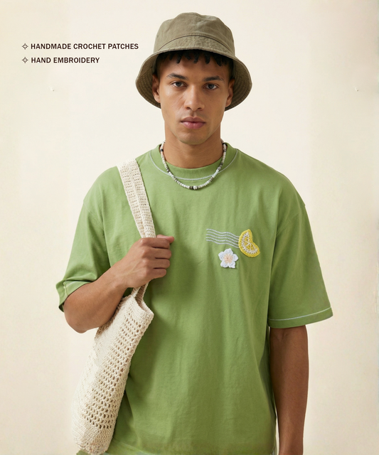 Unisex Oversized Cotton T-Shirt with Hand Embroidery & Crochet – The Island Drift Tee | Ocean Whispers Collection