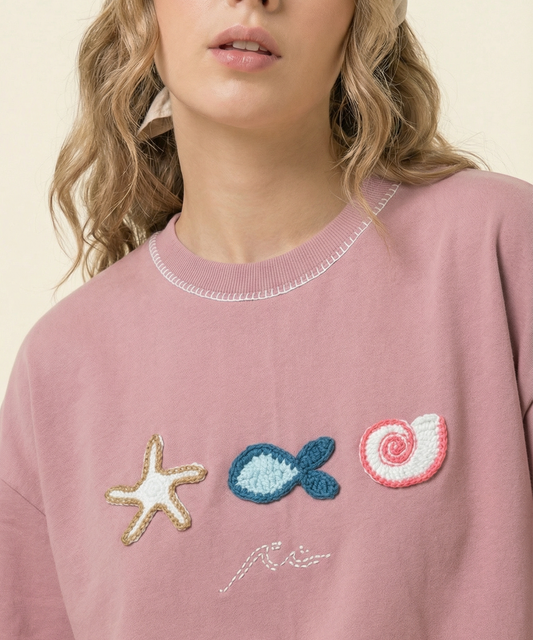 Unisex Oversized Cotton T-Shirt with Hand Embroidery & Crochet – The Ocean Crest Tee | Ocean Whispers Collection