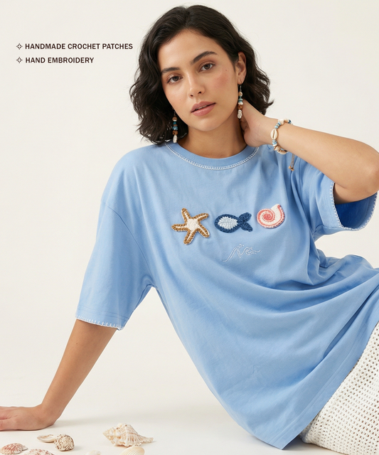 Unisex Oversized Cotton T-Shirt with Hand Embroidery & Crochet – The Ocean Crest Tee | Ocean Whispers Collection