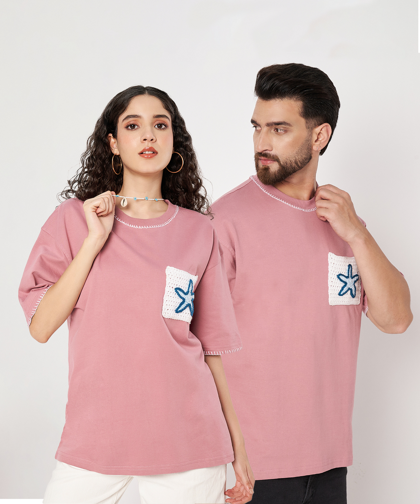 The Starry Pocket Tee – Unisex Oversized T-Shirt with Hand Embroidery & Crochet Starfish Detail | Ocean Whispers Collection