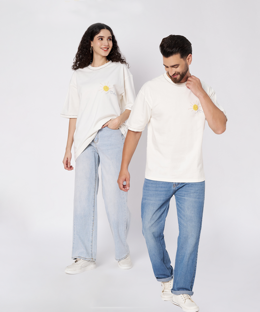 The Sunwave Tee – Unisex Oversized T-Shirt with Crochet Sun & Hand Embroidery | Ocean Whispers Collection