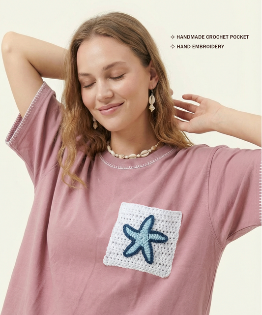Unisex Oversized Cotton T-Shirt with Hand-Crocheted Pocket – The Starry Pocket Tee | Ocean Whispers Collection