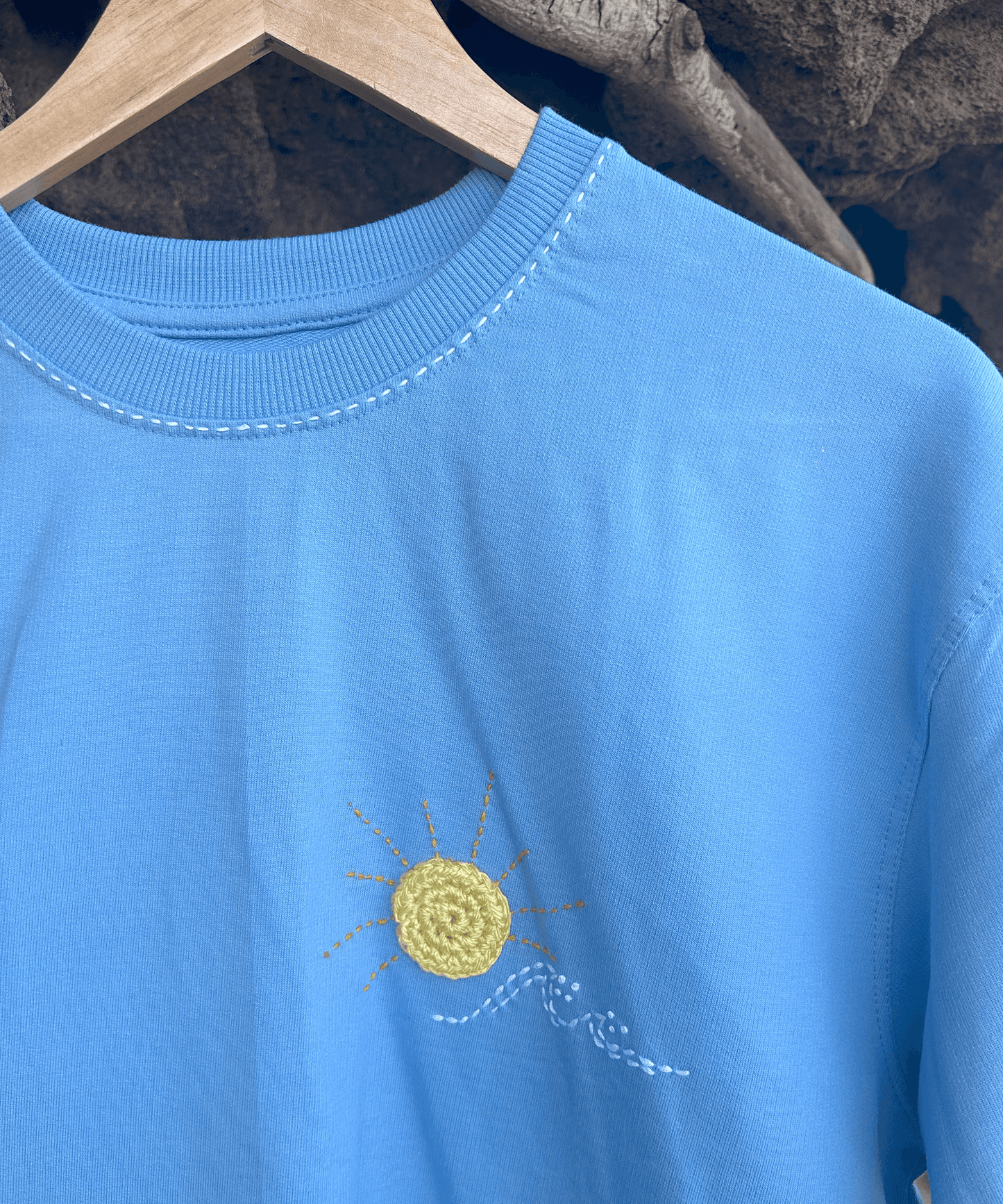The Sunwave Tee – Unisex Oversized T-Shirt with Crochet Sun & Hand Embroidery | Ocean Whispers Collection - Hoot n' Wink