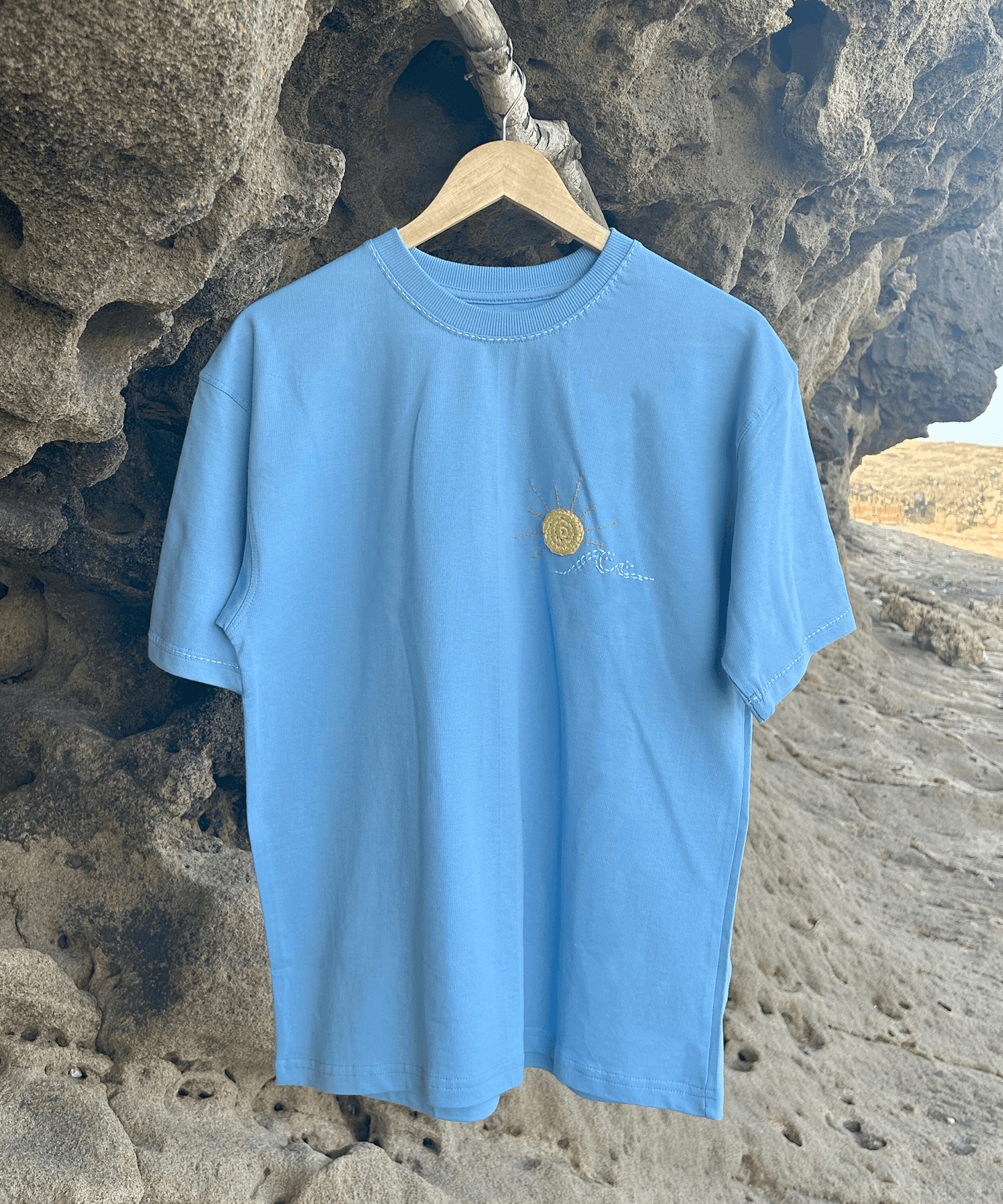 The Sunwave Tee – Unisex Oversized T-Shirt with Crochet Sun & Hand Embroidery | Ocean Whispers Collection - Hoot n' Wink