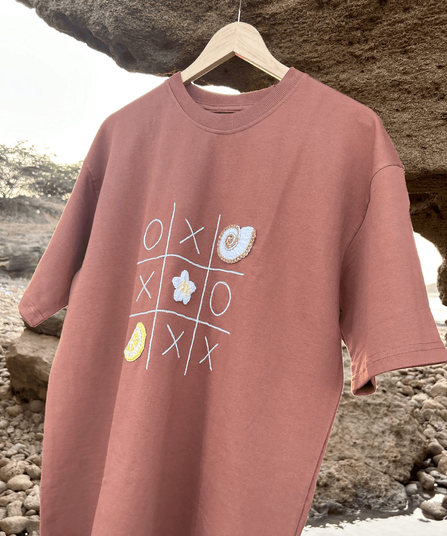 The Shoreline XO Tee – Unisex Oversized T-Shirt with Hand Embroidery & Crochet | Ocean Whispers Collection - Hoot n' Wink