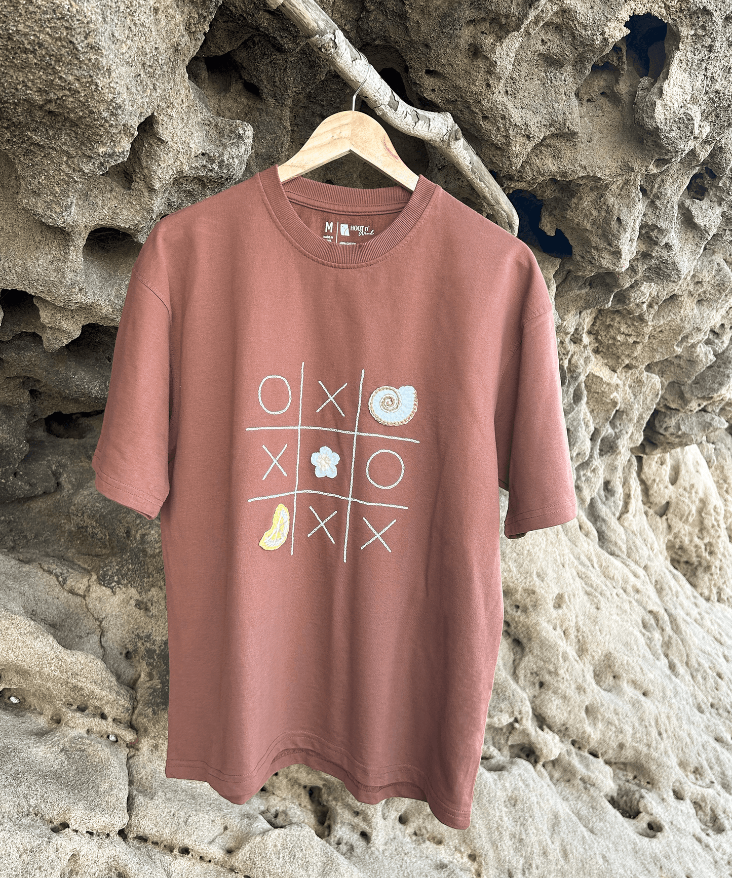 The Shoreline XO Tee – Unisex Oversized T-Shirt with Hand Embroidery & Crochet | Ocean Whispers Collection - Hoot n' Wink