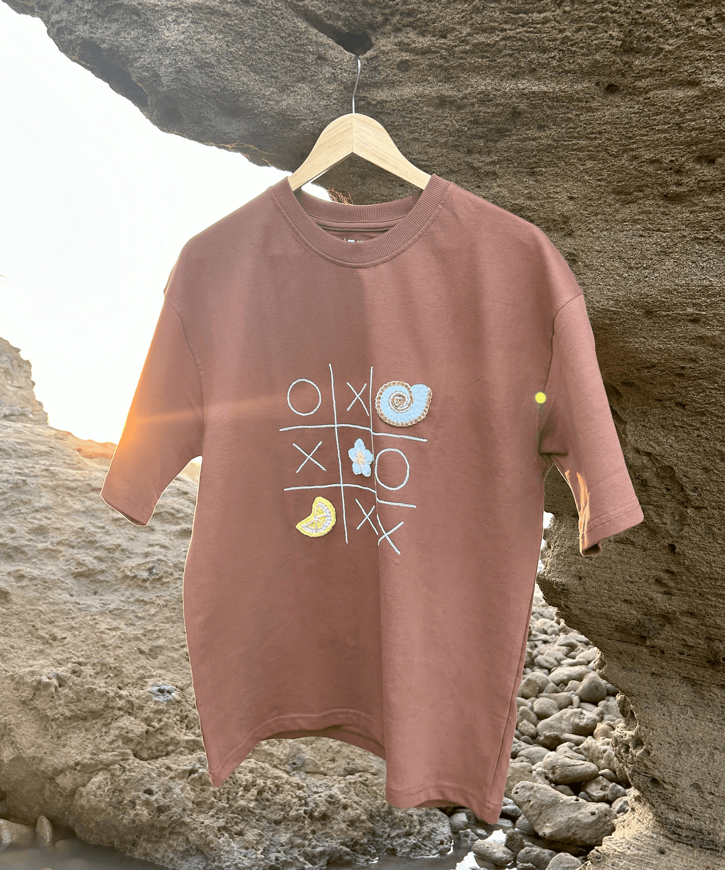 The Shoreline XO Tee – Unisex Oversized T-Shirt with Hand Embroidery & Crochet | Ocean Whispers Collection - Hoot n' Wink