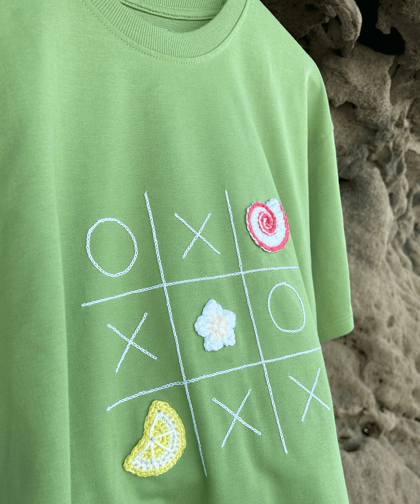 The Shoreline XO Tee – Unisex Oversized T-Shirt with Hand Embroidery & Crochet | Ocean Whispers Collection - Hoot n' Wink