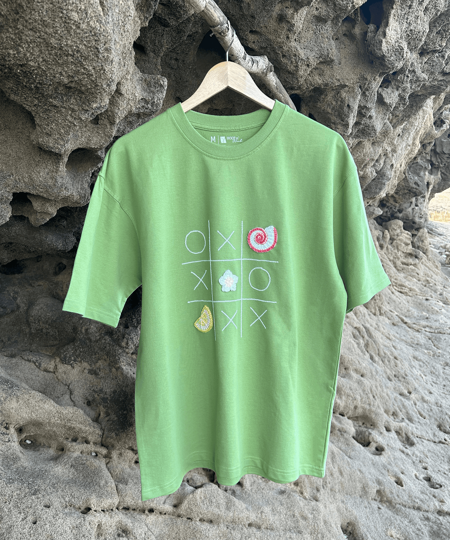 The Shoreline XO Tee – Unisex Oversized T-Shirt with Hand Embroidery & Crochet | Ocean Whispers Collection - Hoot n' Wink