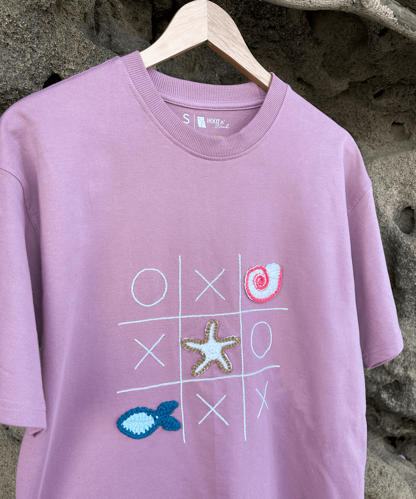 The Shoreline XO Tee – Unisex Oversized T-Shirt with Hand Embroidery & Crochet | Ocean Whispers Collection - Hoot n' Wink