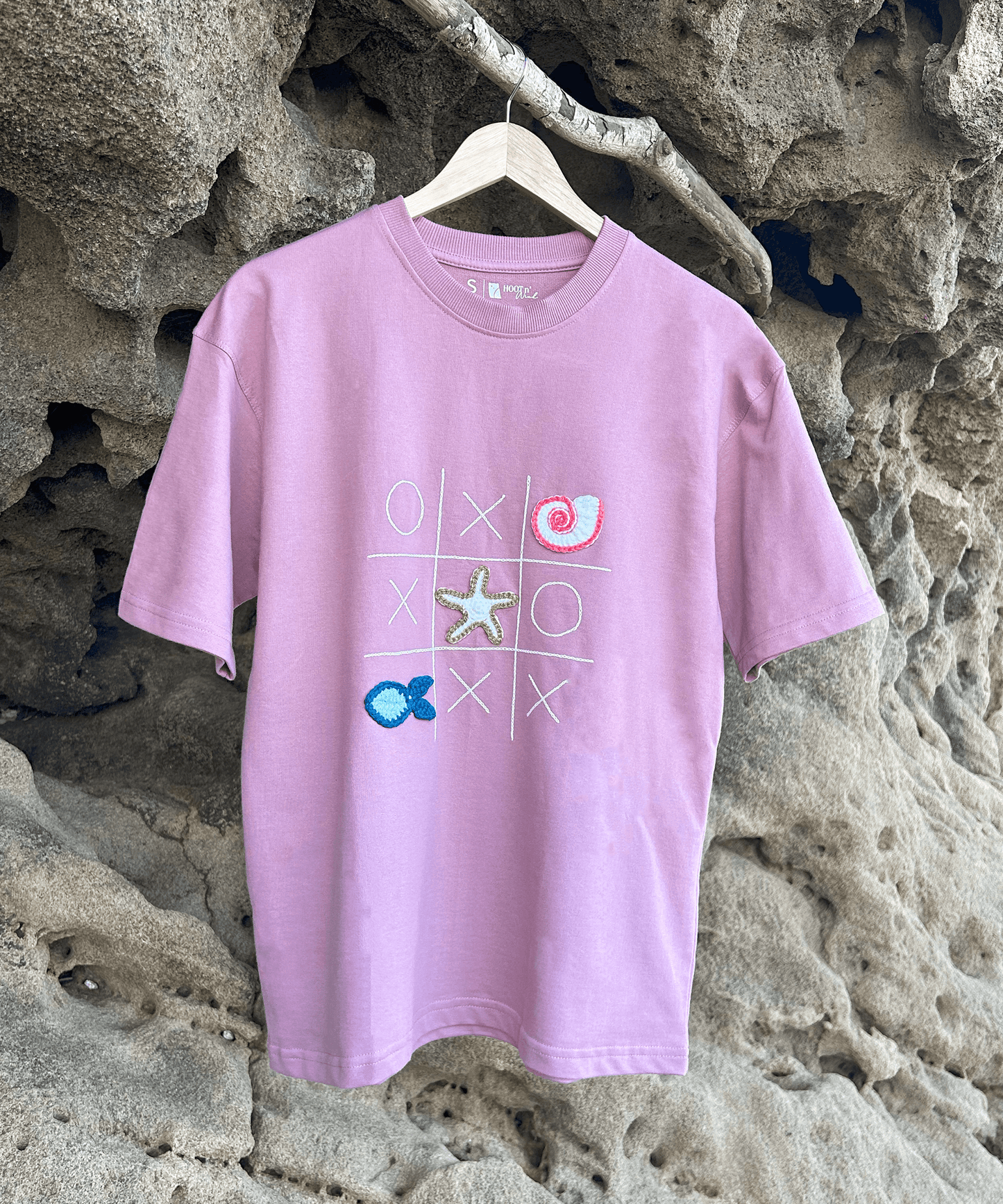 The Shoreline XO Tee – Unisex Oversized T-Shirt with Hand Embroidery & Crochet | Ocean Whispers Collection - Hoot n' Wink
