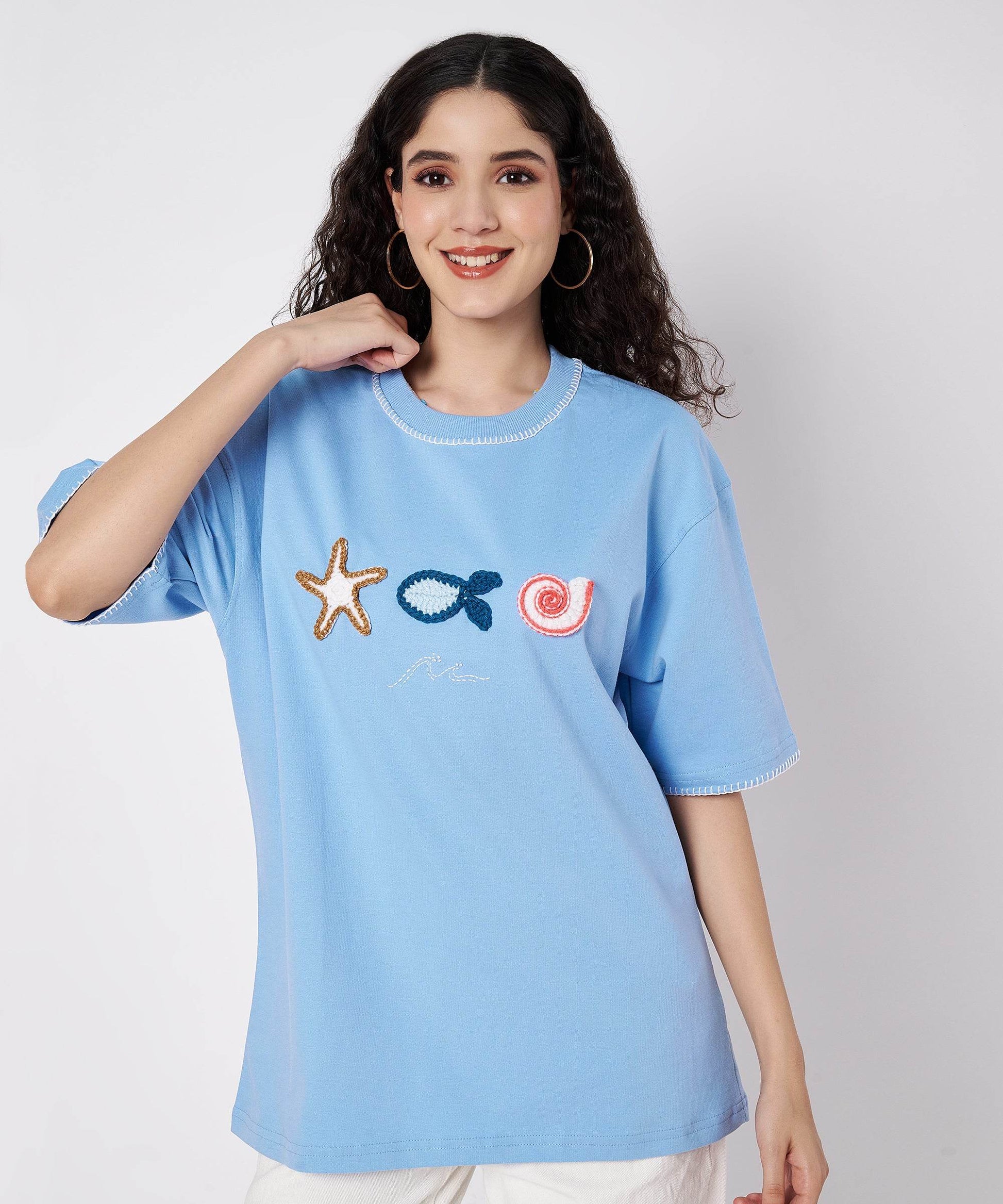 The Ocean Crest Tee – Unisex Oversized Fit with Hand Embroidery & Crochet | Ocean Whispers Collection - Hoot n' Wink