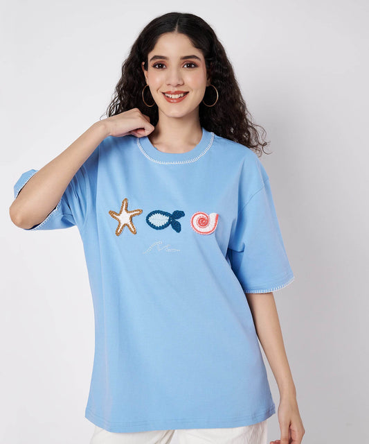 The Ocean Crest Tee – Unisex Oversized Fit with Hand Embroidery & Crochet | Ocean Whispers Collection - Hoot n' Wink