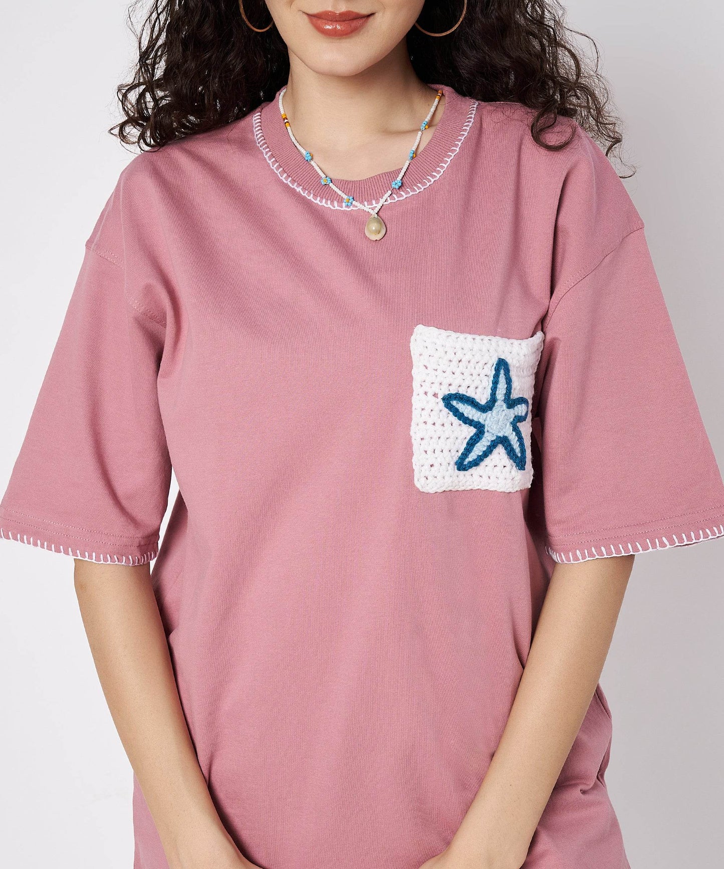The Starry Pocket Tee – Unisex Oversized T-Shirt with Hand Embroidery & Crochet Starfish Detail | Ocean Whispers Collection - Hoot n' Wink