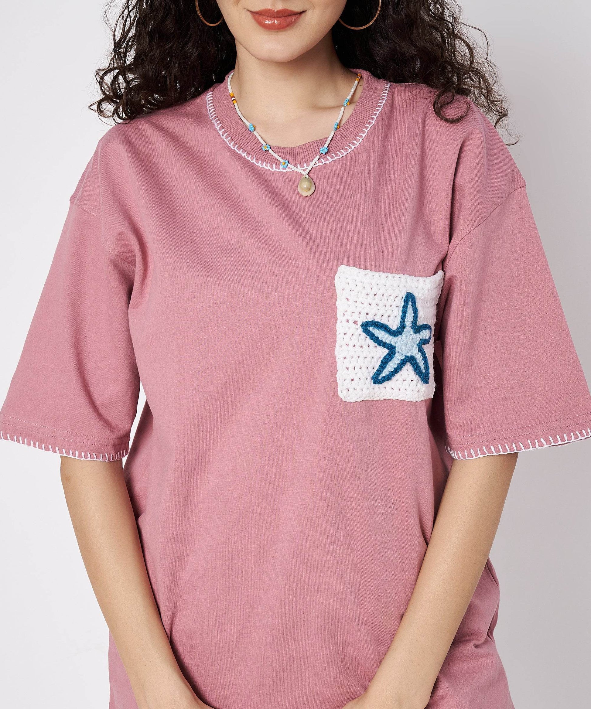 The Starry Pocket Tee – Unisex Oversized T-Shirt with Hand Embroidery & Crochet Starfish Detail | Ocean Whispers Collection - Hoot n' Wink