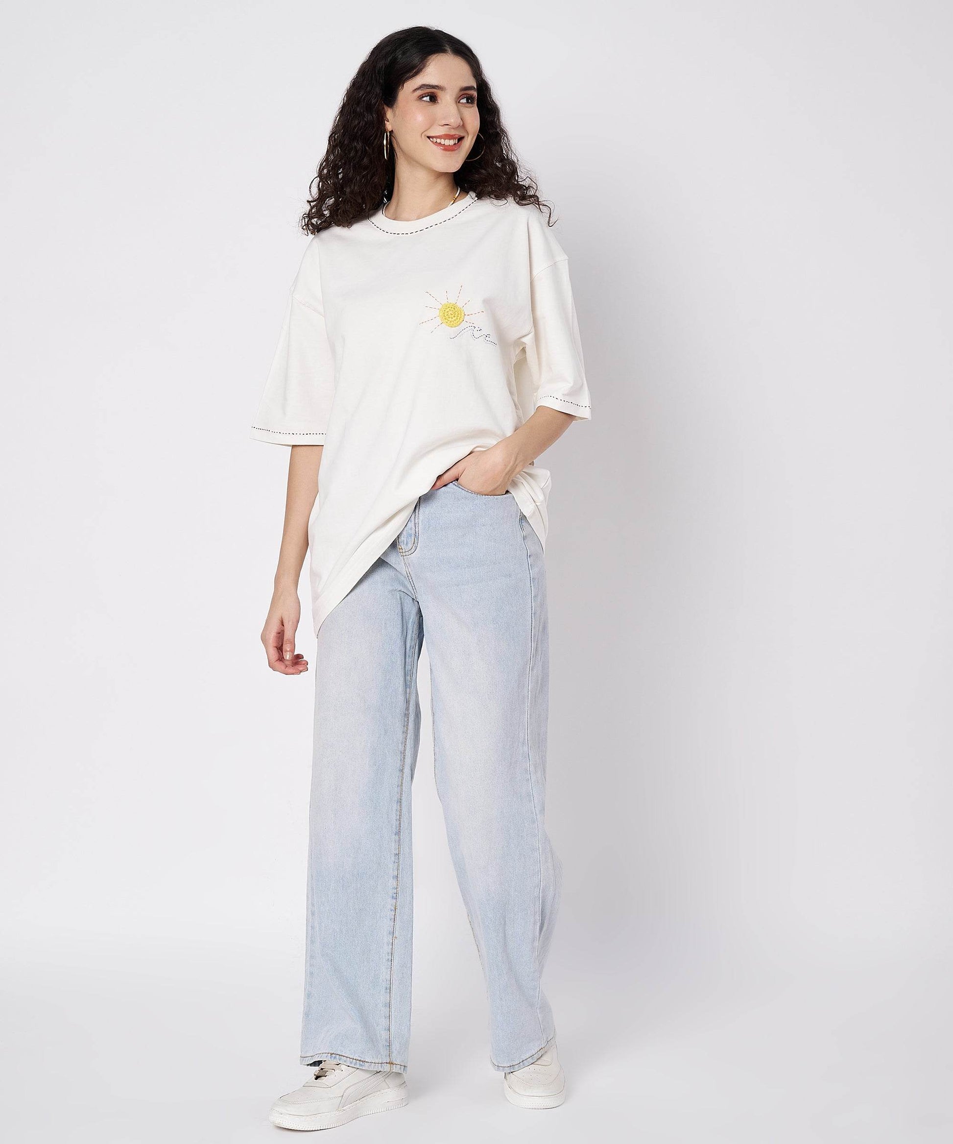 The Sunwave Tee – Unisex Oversized T-Shirt with Crochet Sun & Hand Embroidery | Ocean Whispers Collection - Hoot n' Wink
