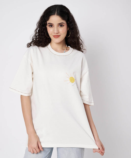 The Sunwave Tee – Unisex Oversized T-Shirt with Crochet Sun & Hand Embroidery | Ocean Whispers Collection - Hoot n' Wink