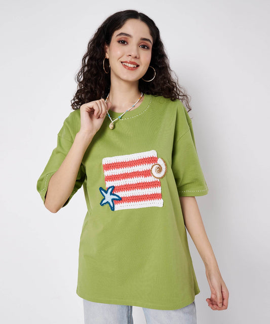 The Shoreline Patch Tee – Unisex Oversized T-Shirt with Crochet Shells & Hand Embroidery | Ocean Whispers Collection - Hoot n' Wink