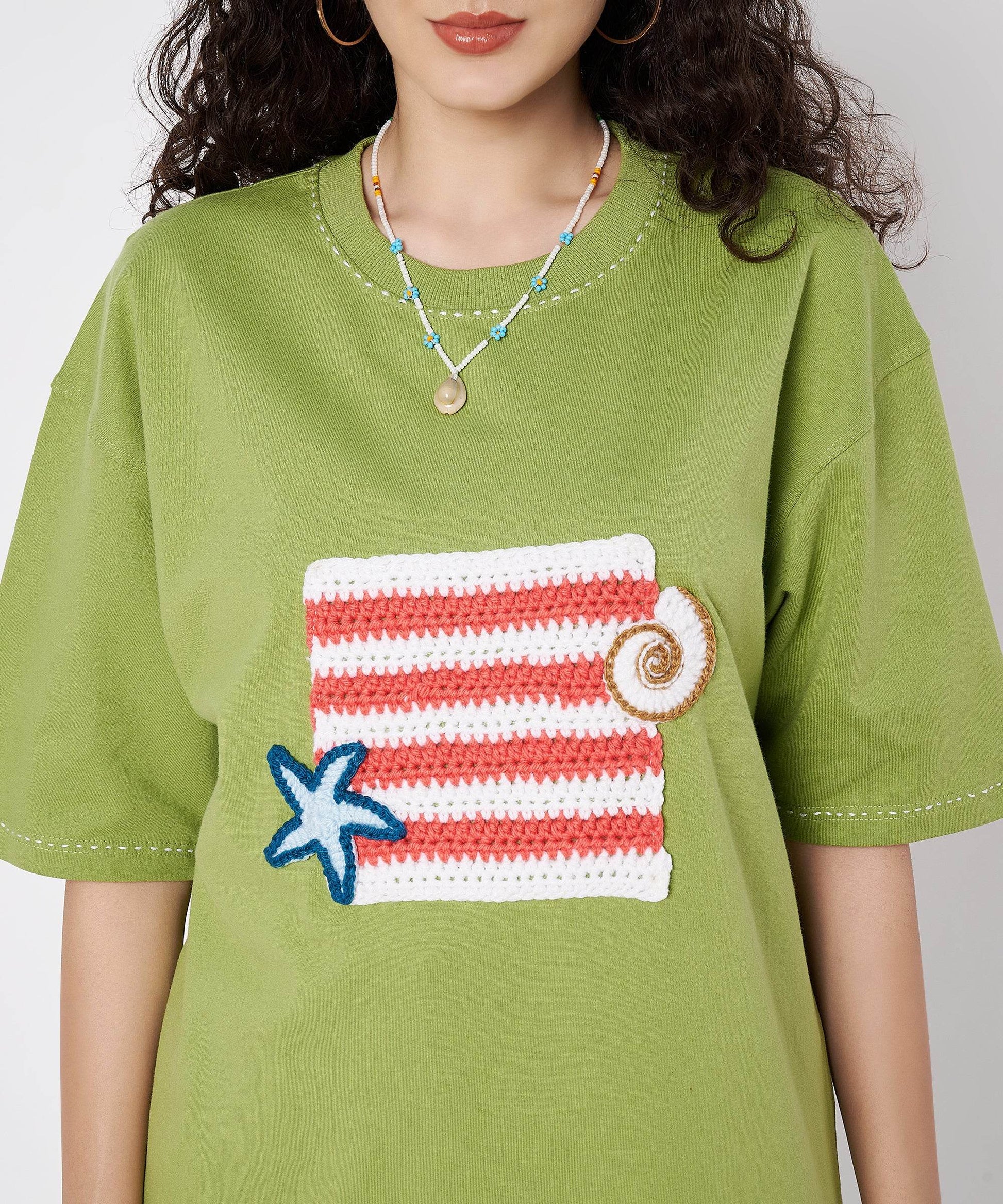 The Shoreline Patch Tee – Unisex Oversized T-Shirt with Crochet Shells & Hand Embroidery | Ocean Whispers Collection - Hoot n' Wink