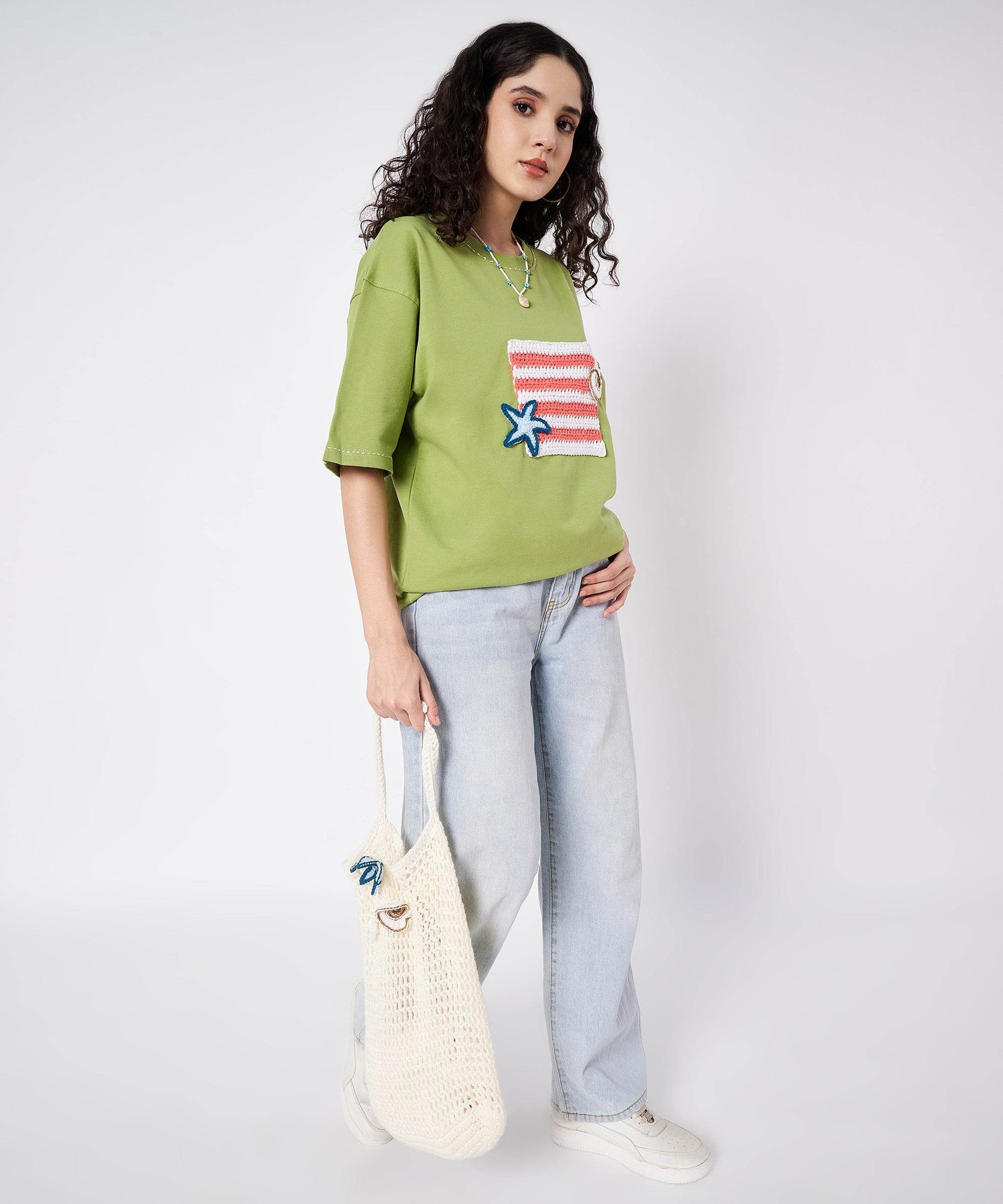 The Shoreline Patch Tee – Unisex Oversized T-Shirt with Crochet Shells & Hand Embroidery | Ocean Whispers Collection - Hoot n' Wink