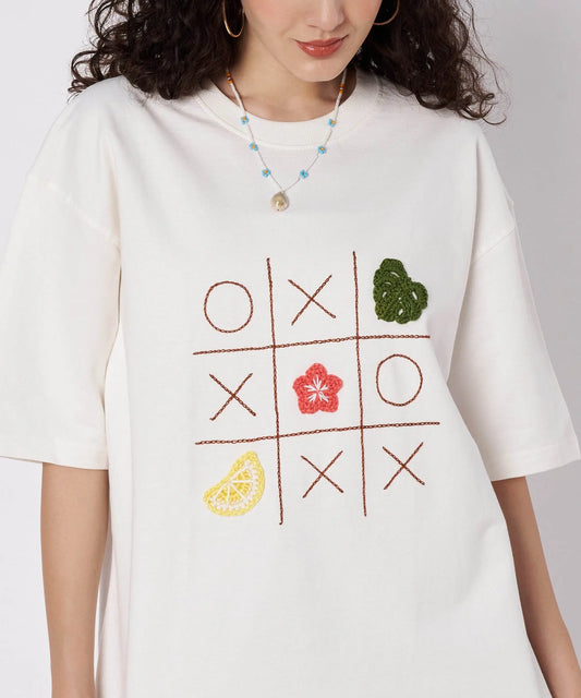 The Shoreline XO Tee – Unisex Oversized T-Shirt with Hand Embroidery & Crochet | Ocean Whispers Collection - Hoot n' Wink