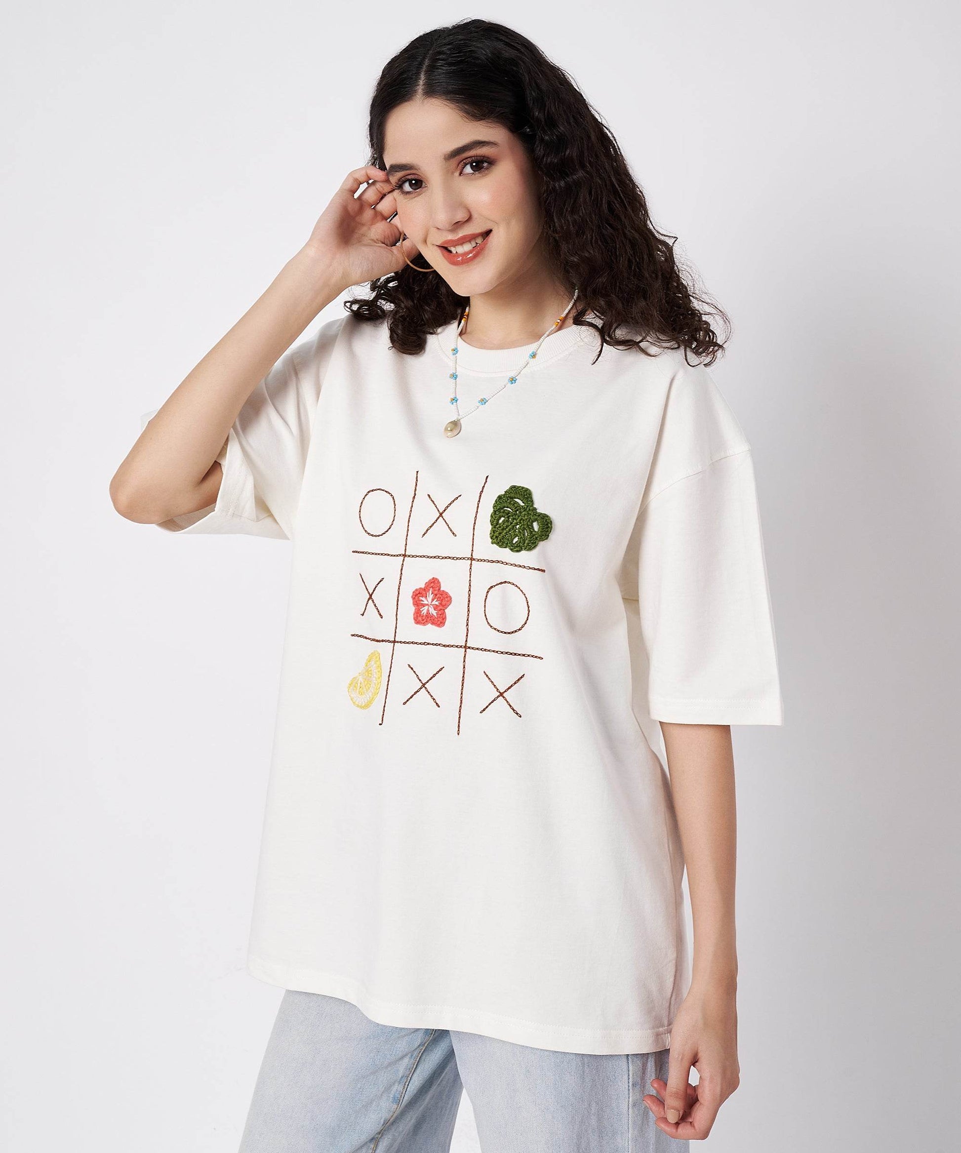 The Shoreline XO Tee – Unisex Oversized T-Shirt with Hand Embroidery & Crochet | Ocean Whispers Collection - Hoot n' Wink