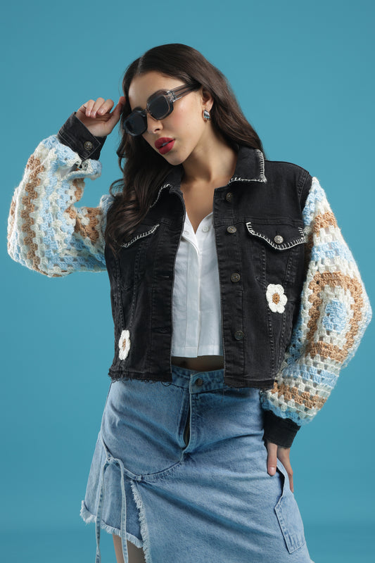 The Midnight Bloom – Women’s Regular Fit Cropped Charcoal Denim Jacket with Handmade Crochet Sleeves, Floral Accents & Hand Embroidery | The Not-So-Basic Denim Edit
