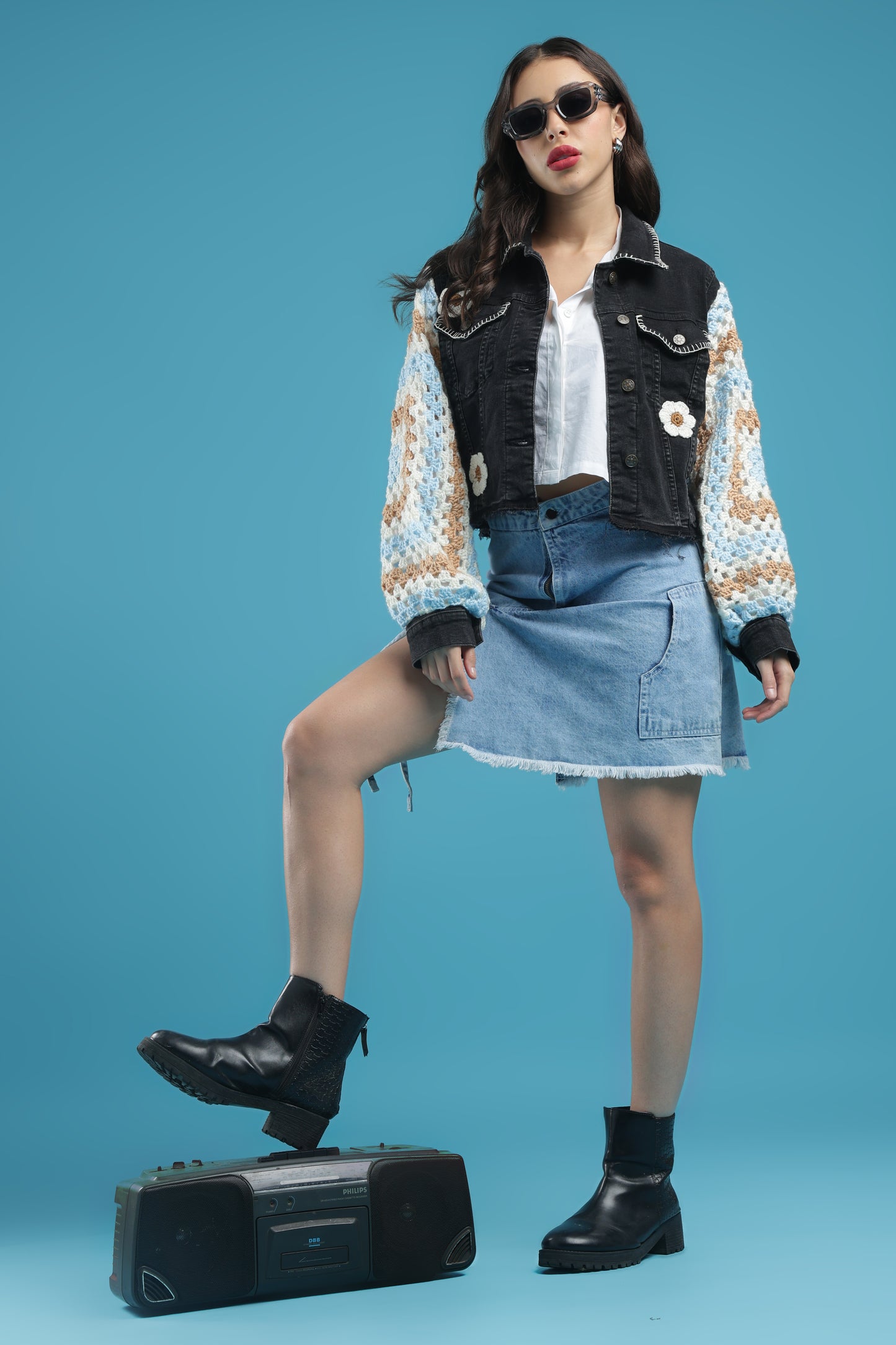 The Midnight Bloom – Women’s Regular Fit Cropped Charcoal Denim Jacket with Handmade Crochet Sleeves, Floral Accents & Hand Embroidery | The Not-So-Basic Denim Edit