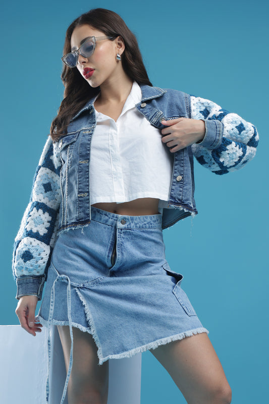 The Crochet Contrast – Women’s Regular Fit Cropped Denim Jacket with Handmade Crochet Sleeves & Hand Embroidery | The Not-So-Basic Denim Edit