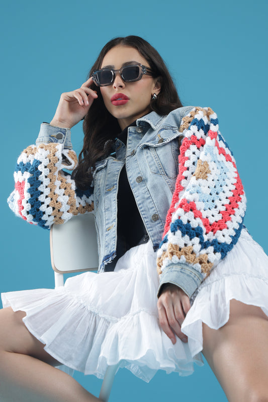 The Threaded Horizon – Women’s Regular Fit Cropped Denim Jacket with Handmade Crochet Sleeves & Hand Embroidery | The Not-So-Basic Denim Edit