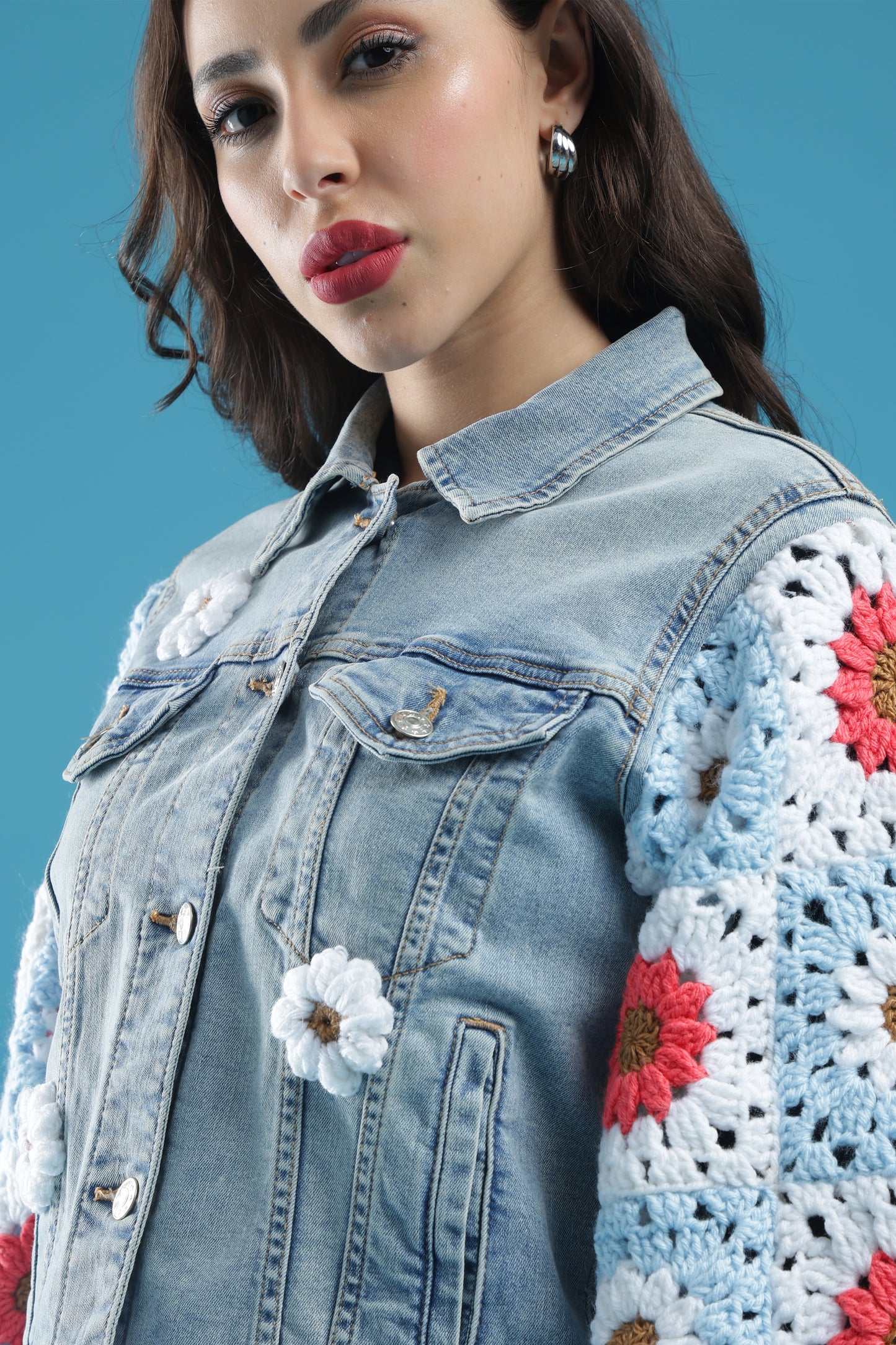 The Blooming Blue – Women’s Regular Fit Cropped Denim Jacket with Handmade Crochet Sleeves & Floral Accents | The Not-So-Basic Denim Edit