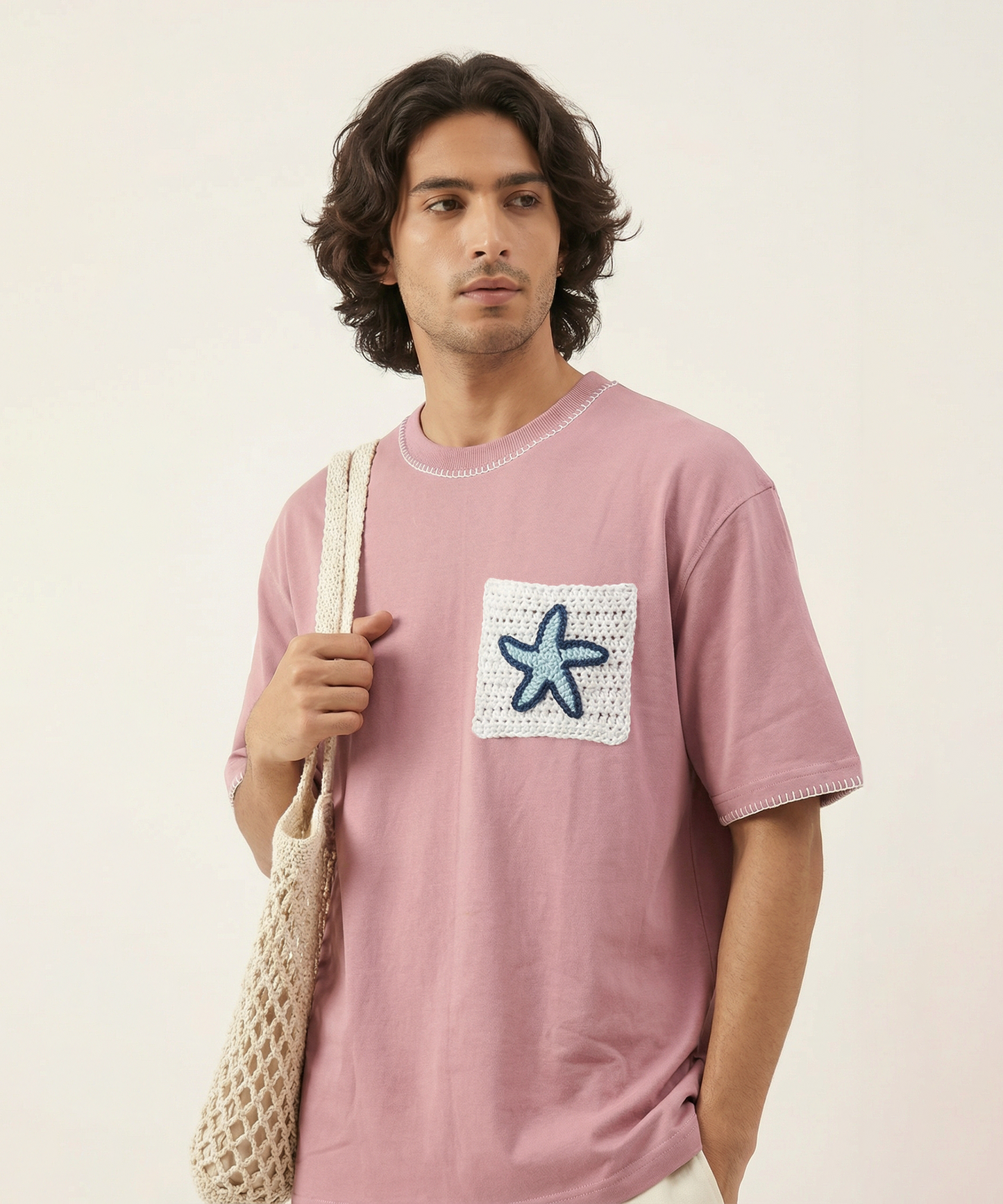 Unisex Oversized Cotton T-Shirt with Hand-Crocheted Pocket – The Starry Pocket Tee | Ocean Whispers Collection