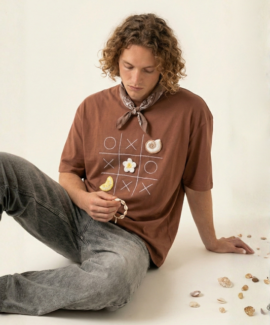 Unisex Oversized Cotton T-Shirt with Hand Embroidery & Crochet – The Shoreline XO Tee | Ocean Whispers Collection