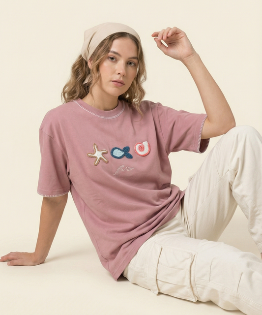 Unisex Oversized Cotton T-Shirt with Hand Embroidery & Crochet – The Ocean Crest Tee | Ocean Whispers Collection