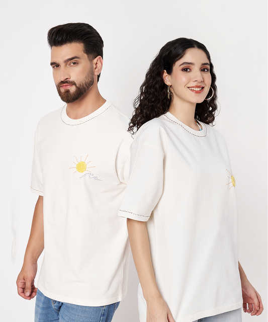 The Sunwave Tee – Unisex Oversized T-Shirt with Crochet Sun & Hand Embroidery | Ocean Whispers Collection