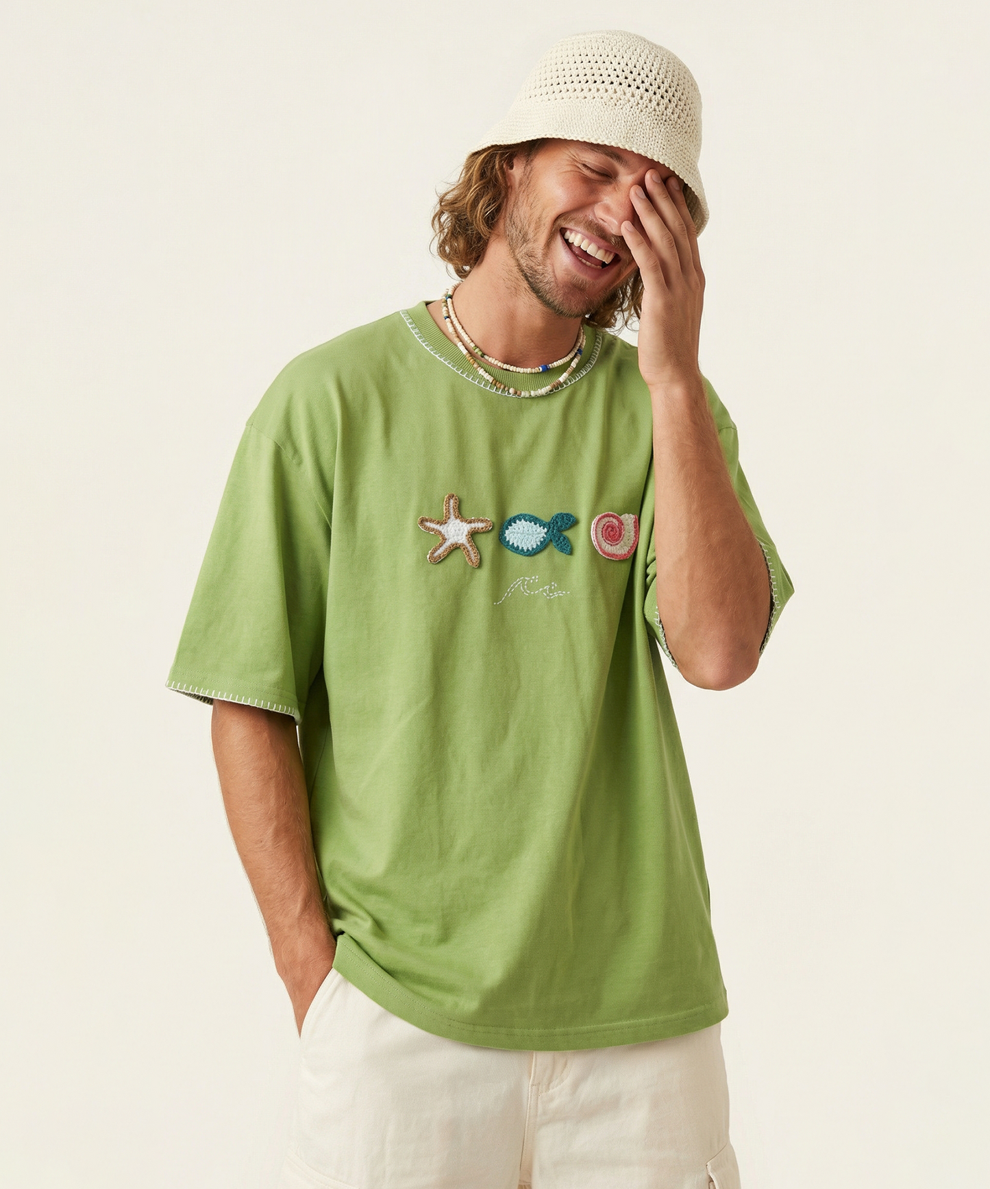 Unisex Oversized Cotton T-Shirt with Hand Embroidery & Crochet – The Ocean Crest Tee | Ocean Whispers Collection