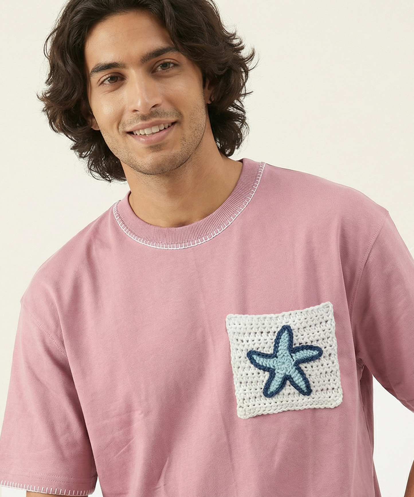 Unisex Oversized Cotton T-Shirt with Hand-Crocheted Pocket – The Starry Pocket Tee | Ocean Whispers Collection