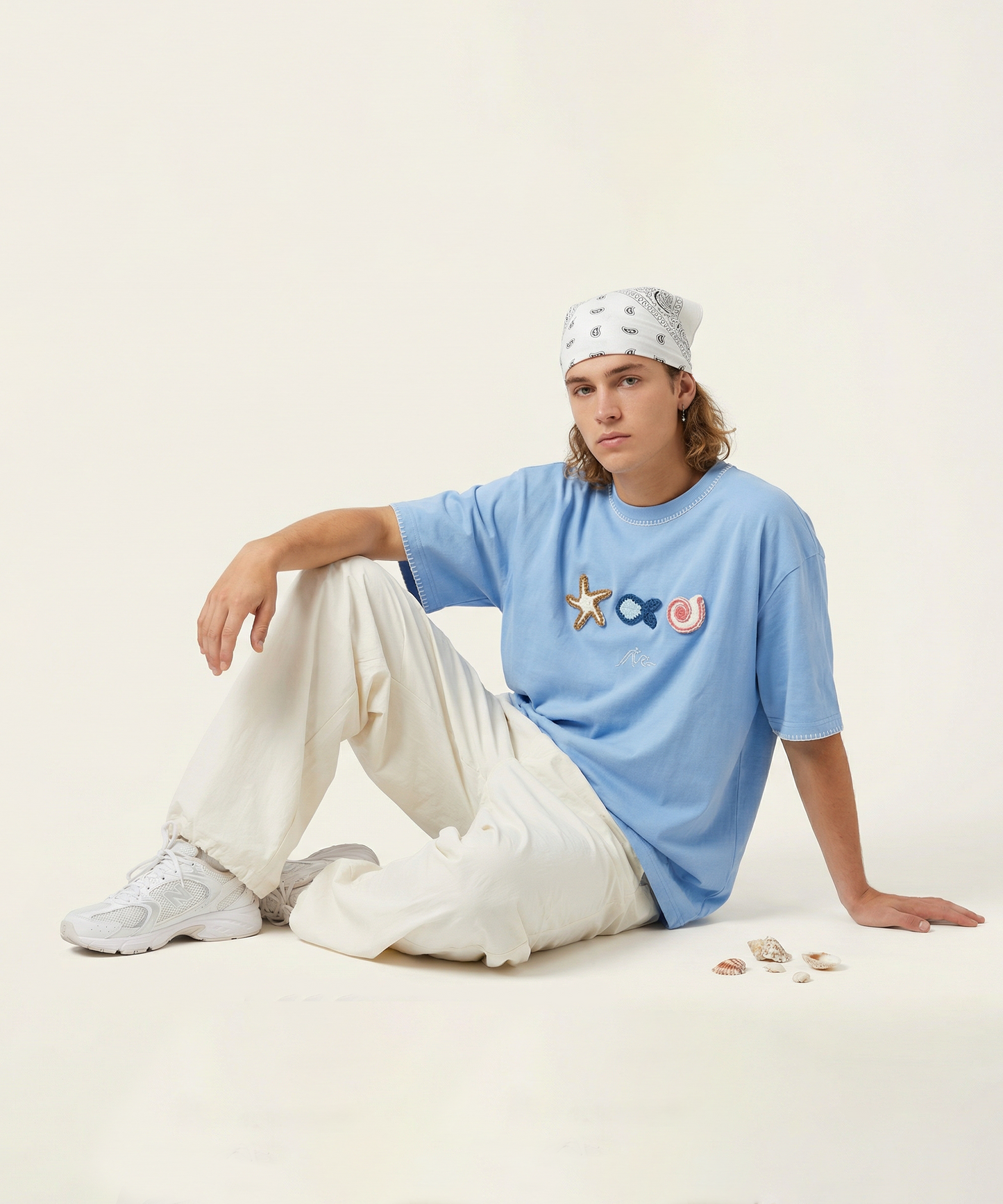 Unisex Oversized Cotton T-Shirt with Hand Embroidery & Crochet – The Ocean Crest Tee | Ocean Whispers Collection