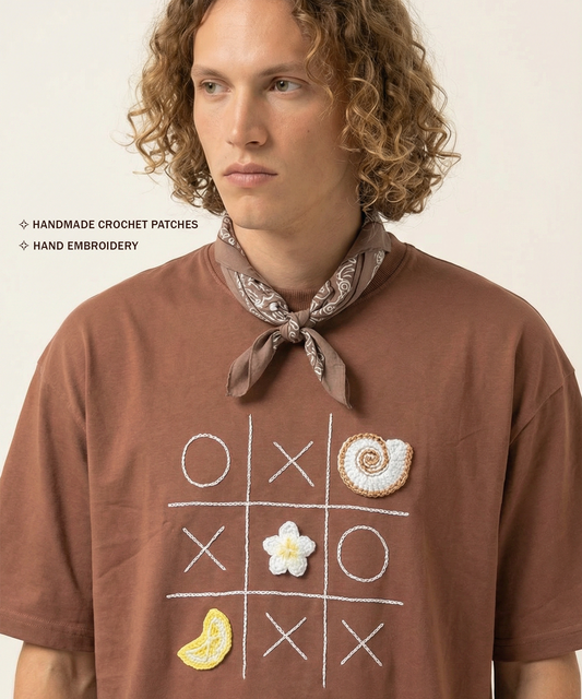 Unisex Oversized Cotton T-Shirt with Hand Embroidery & Crochet – The Shoreline XO Tee | Ocean Whispers Collection