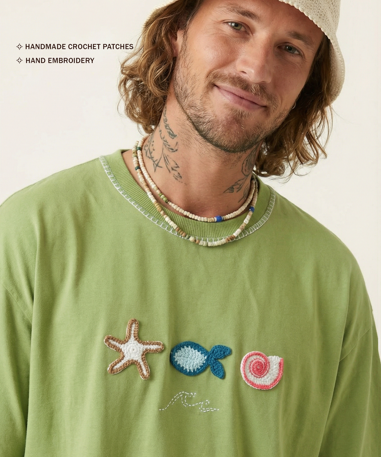 Unisex Oversized Cotton T-Shirt with Hand Embroidery & Crochet – The Ocean Crest Tee | Ocean Whispers Collection