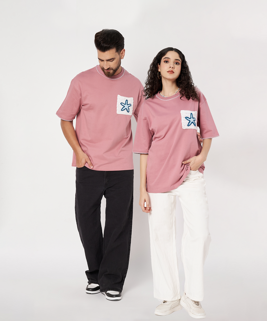 The Starry Pocket Tee – Unisex Oversized T-Shirt with Hand Embroidery & Crochet Starfish Detail | Ocean Whispers Collection