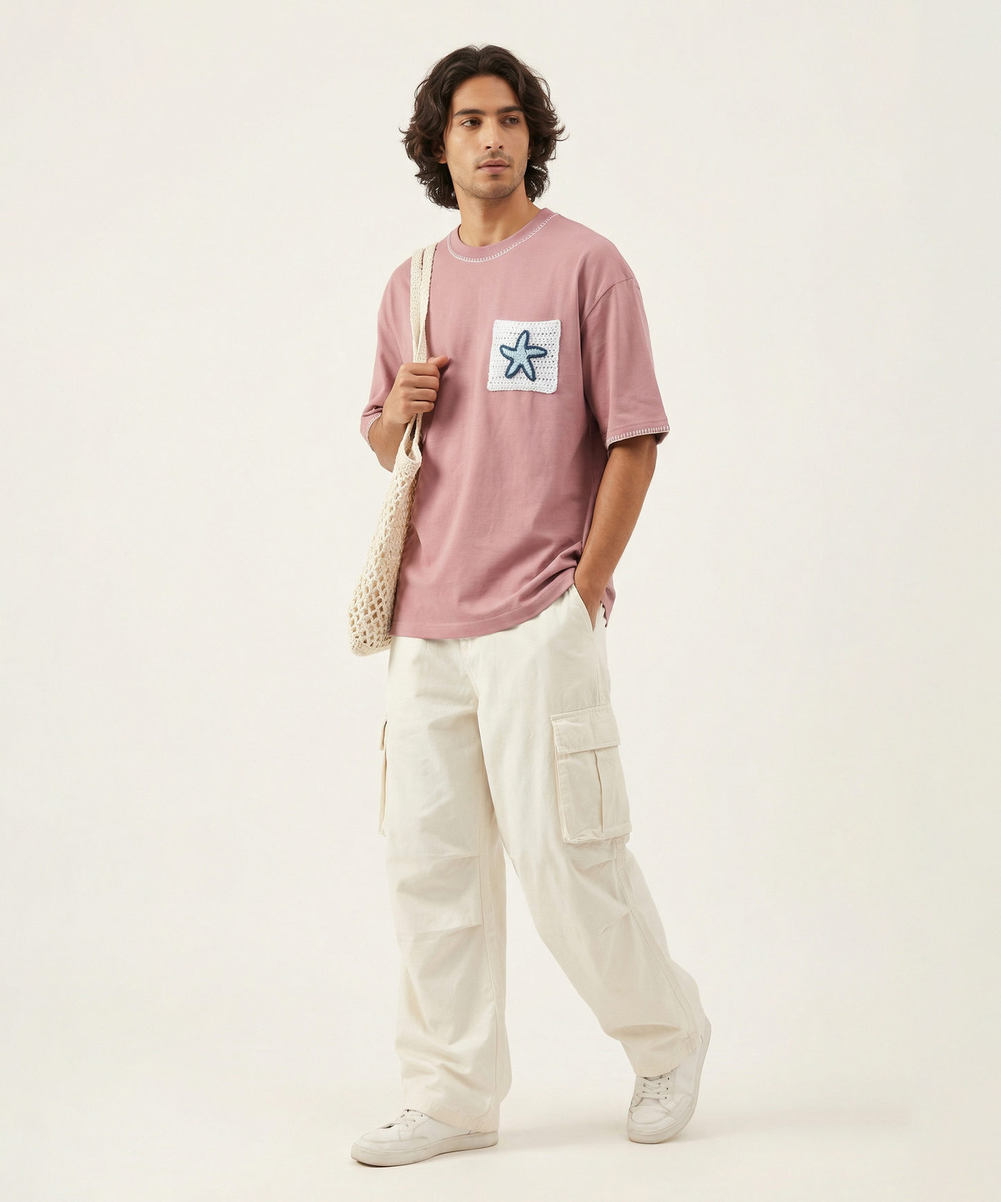 Unisex Oversized Cotton T-Shirt with Hand-Crocheted Pocket – The Starry Pocket Tee | Ocean Whispers Collection